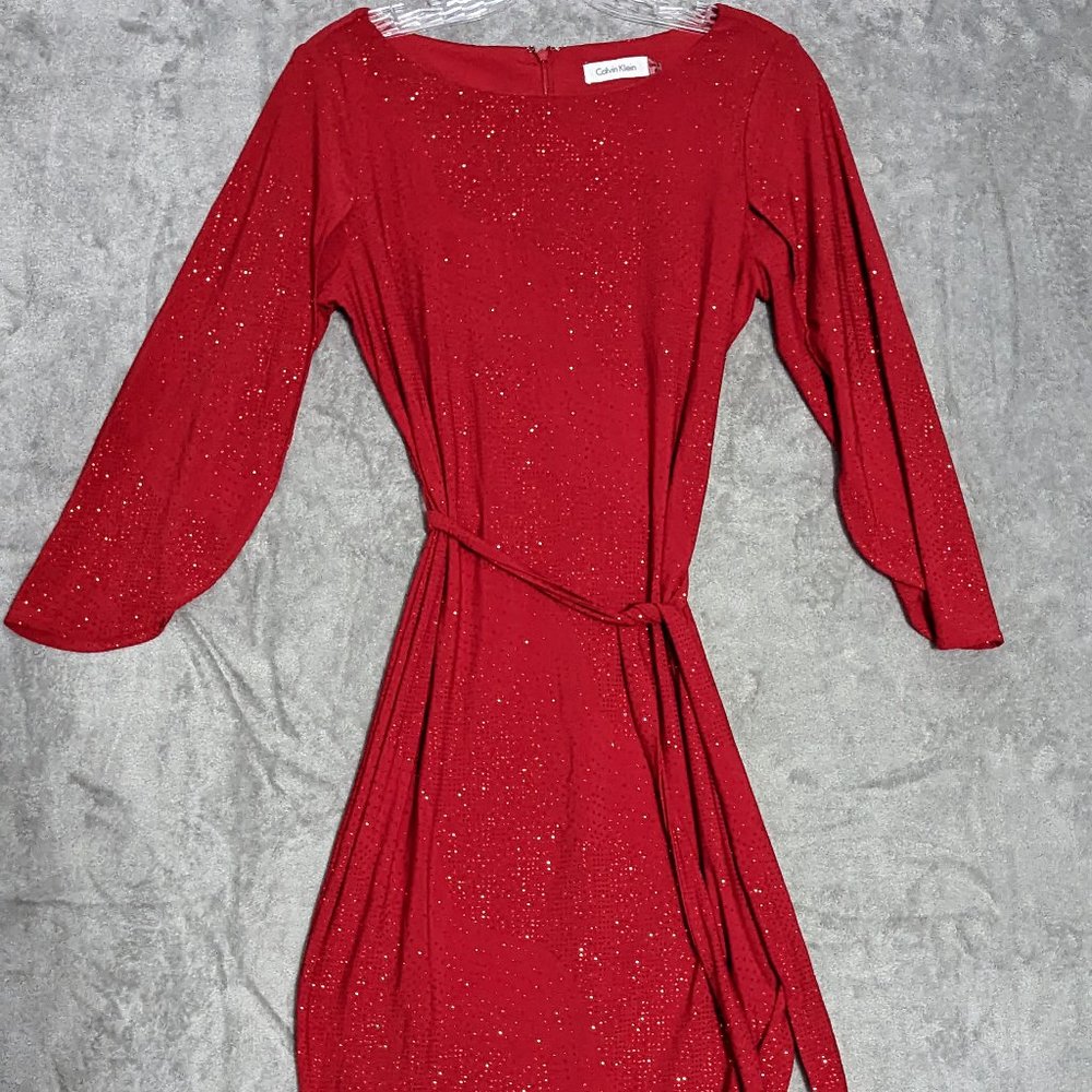 Calvin Klein red sequin scoop neck split bell sleeve red belted dress